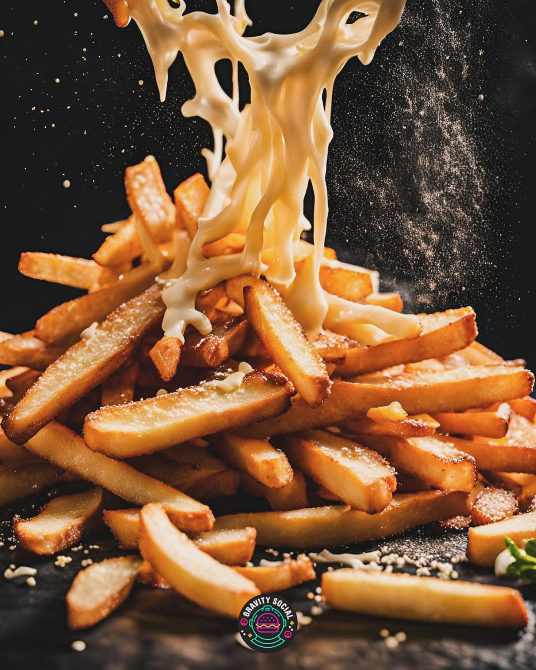 Crispy french fries drizzled with melted cheese, served on a dark background, showcasing a delightful snack option.